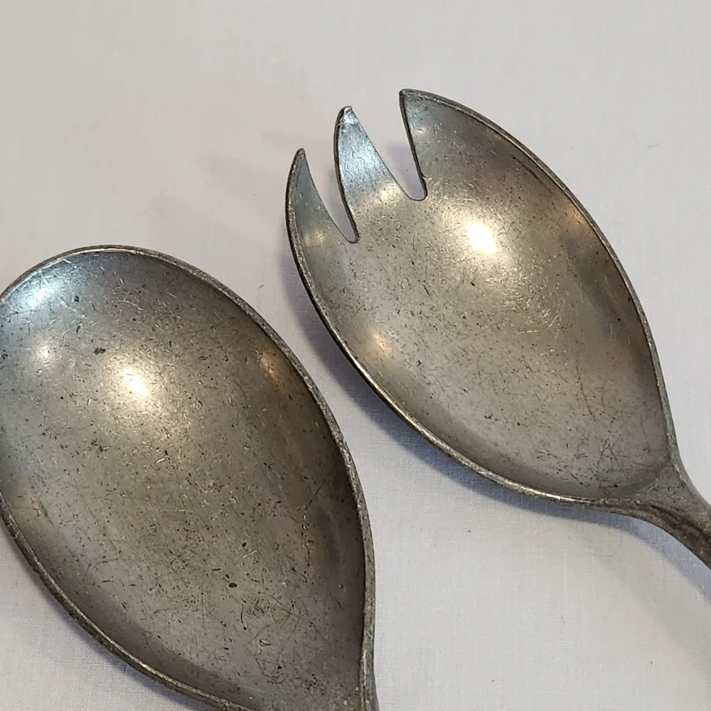 VTG TH Marthinsen Norway Salad Servers Spoon Spork Pewter Norwegian Leaf Design‎